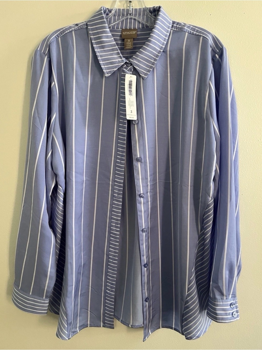 Chicos 3 Silky Button Down Shirt Size XL Blue White